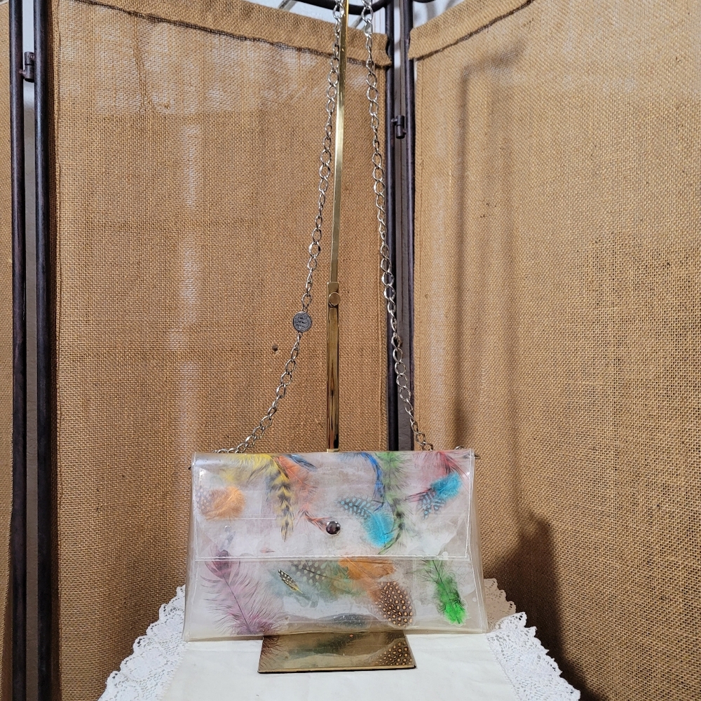 Clear Acrylic Clutch Crossbody with Colorful Feather Print and Chain Strap